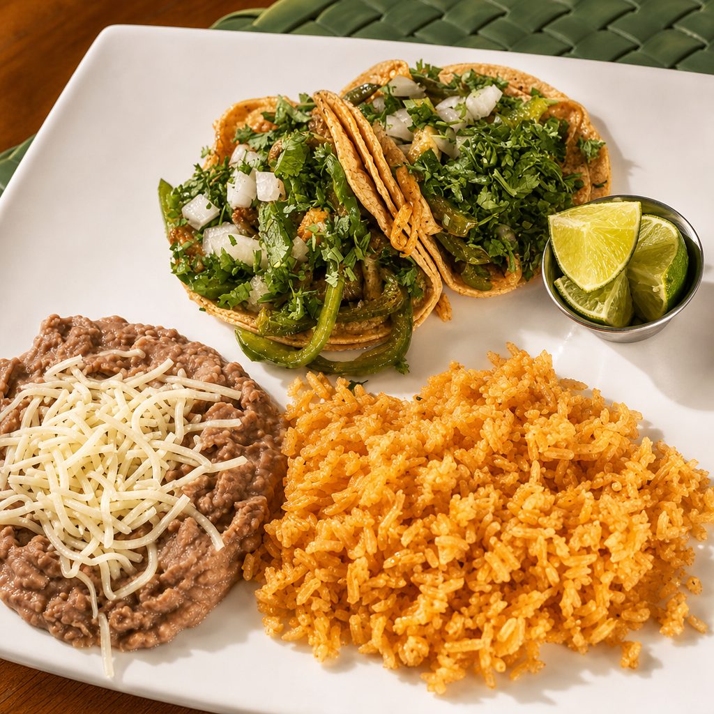Tacos Al Carbon, Rice, Beans and a Soft Drink (2 Tacos).