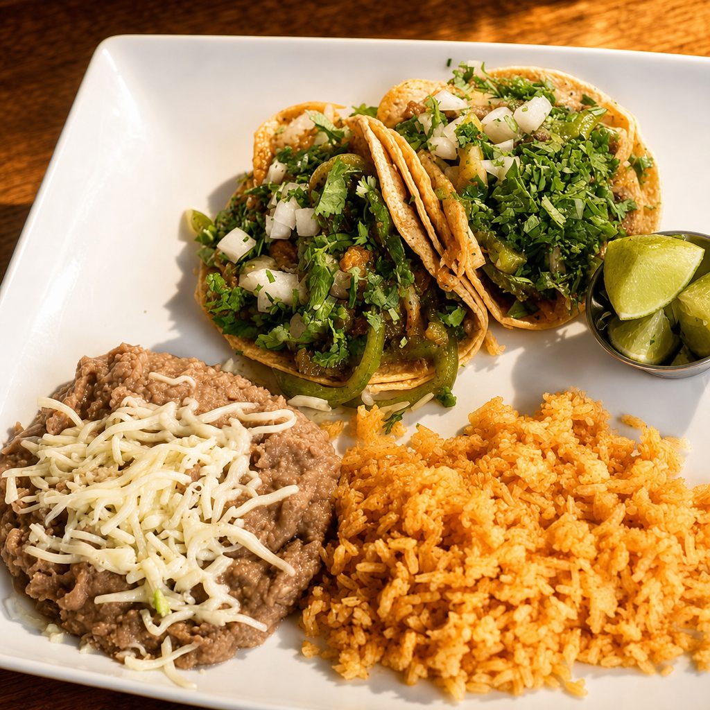 Tacos Al Carbon, Rice, Beans and a Soft Drink (3 Tacos).