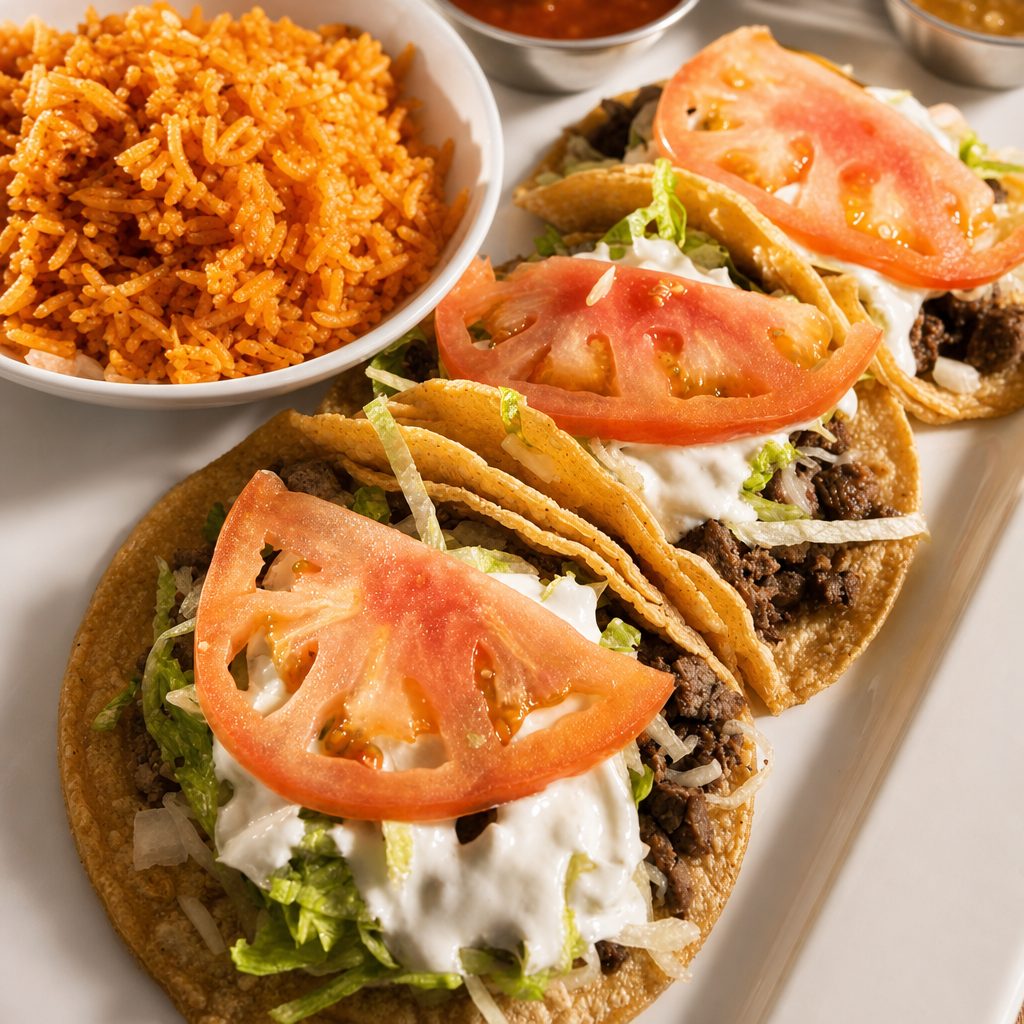 Tacos Tex-Mex, Rice, Beans and a Soft Drink (3 Tacos).